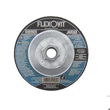 Flexovit HP Heavy Duty Depressed Center Grinding Wheel, 4-1/2 in Dia x 1/4 in THK, A24T Grit, Aluminum Oxide A1226H